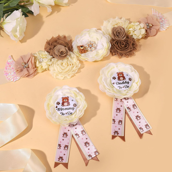 Baby Shower Maternity Sash corsage Set Mommy Daddy To be Flower Decorations - Picture 2 of 3